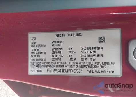 2023 Tesla Model 3 Rear-Wheel Drive from USA, damaged, VIN 5YJ3E1EA1PF437667